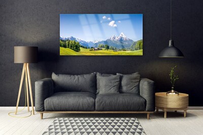 Glasbilder Felder Bäume Gebirge Landschaft