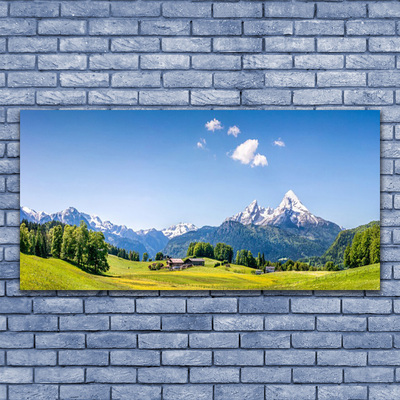 Glasbilder Felder Bäume Gebirge Landschaft