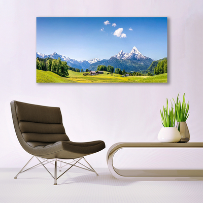 Glasbilder Felder Bäume Gebirge Landschaft