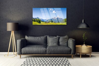 Glasbilder Felder Bäume Gebirge Landschaft