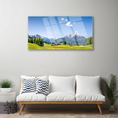 Glasbilder Felder Bäume Gebirge Landschaft