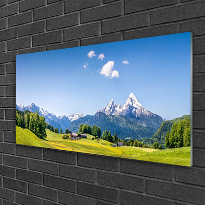 Glasbilder Felder Bäume Gebirge Landschaft
