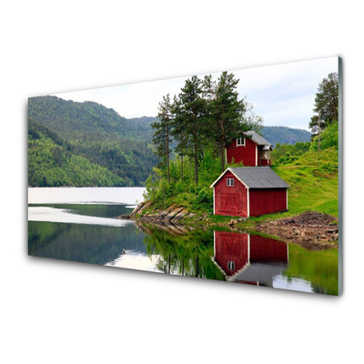 Glasbilder Gebirge Haus Bäume See Landschaft