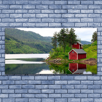 Glasbilder Gebirge Haus Bäume See Landschaft