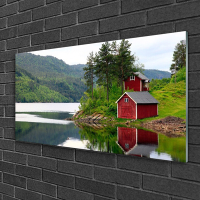 Glasbilder Gebirge Haus Bäume See Landschaft