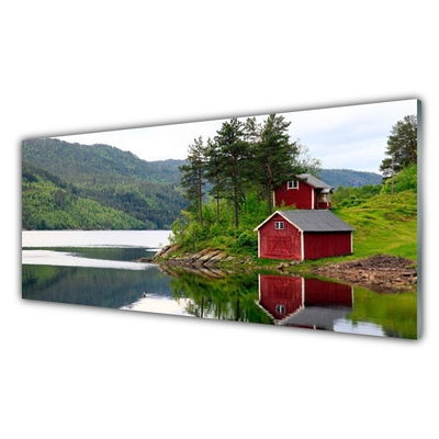 Glasbilder Gebirge Haus Bäume See Landschaft