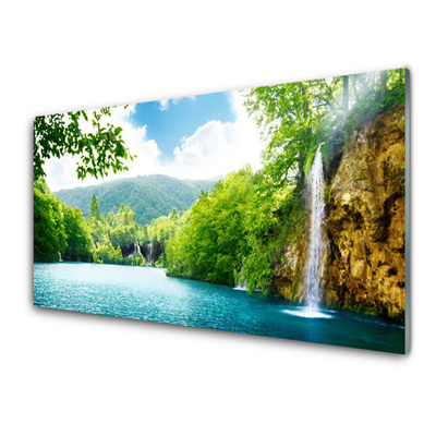 Glasbilder Wasserfall See Bäume Natur