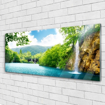 Tulup Wandbilder Glasbilder Dekobild 125x50 Gebirge Wasserfall See Landschaft 