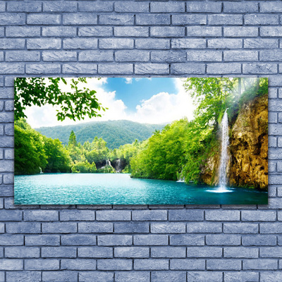 Tulup Acrylglasbilder Wandbilder Dekobild 125x50 Wasserfall See Bäume Natur 