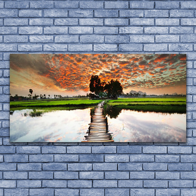 Glasbilder Brücke See Landschaft