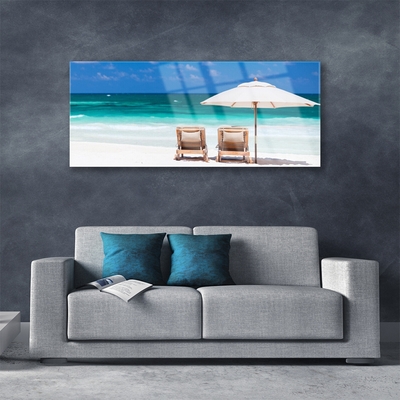 Glasbilder Strand Liegestühle Landschaft