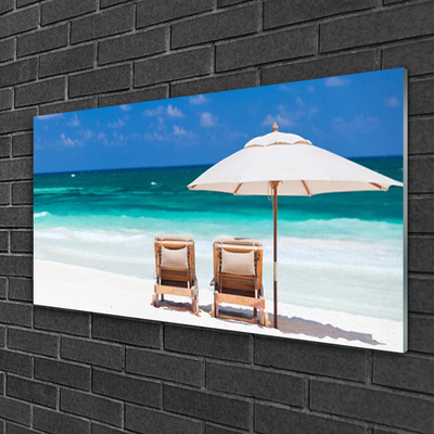 Glasbilder Strand Liegestühle Landschaft