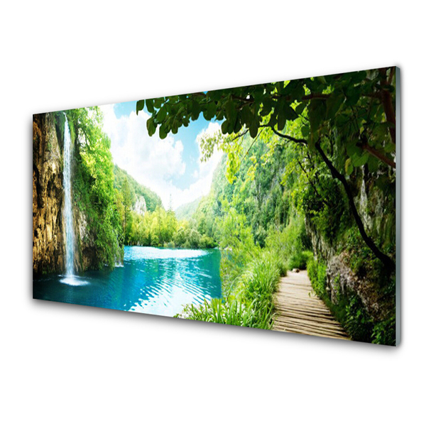 Tulup Glasbilder Wandbild Dekobild 140x70 Wasserfall See Bäume Natur 