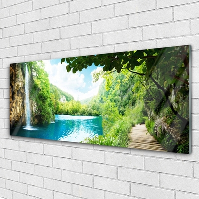 Tulup Acrylglasbilder Wandbilder Dekobild 120x60 Wasserfall Bäume Landschaft 