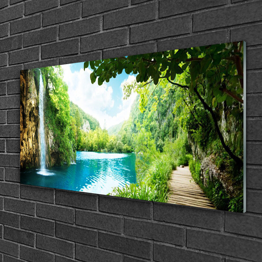 Tulup Acrylglasbilder Wandbilder Dekobild 120x60 Wasserfall See Bäume Natur 