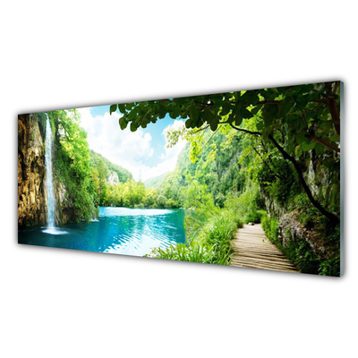 Glasbilder Wandbild Druck auf Glas 120x60 See Wasserfall Natur 