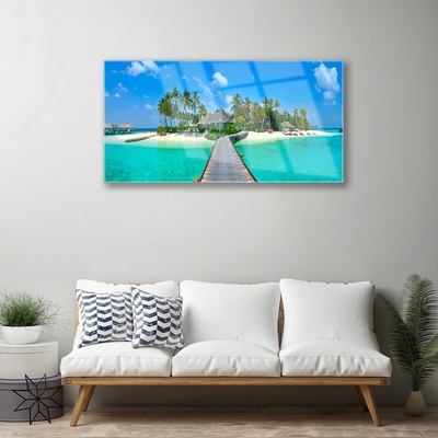 Druck auf Glas Strand Palmen Brücke Meer Architektur