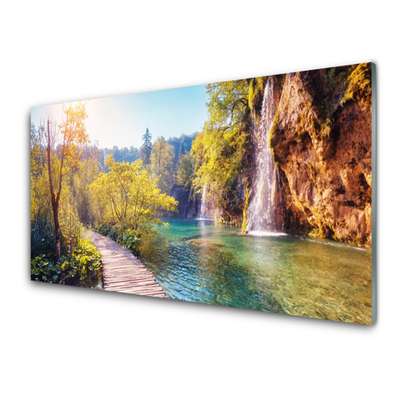 Druck auf Glas Bäume See Felsen Brücke Landschaft