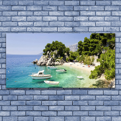 Druck auf Glas Meer Boot Strand Felsen Landschaft