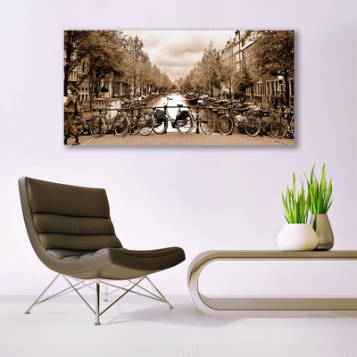 Acrylglasbilder Fluss Fahrräder Bäume Landschaft