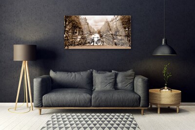 Acrylglasbilder Fluss Fahrräder Bäume Landschaft