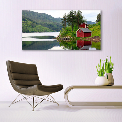 Acrylglasbilder Gebirge Haus Bäume See Landschaft