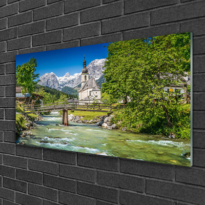 Acrylglasbilder Kirche Brücke See Bäume Natur