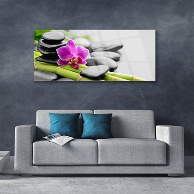 Glasbild aus Plexiglas® Bambusrohre Blume Steine Kunst