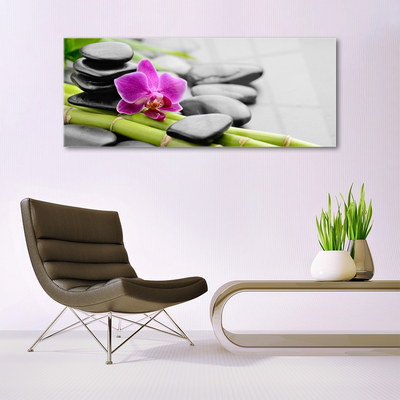 Glasbild aus Plexiglas® Bambusrohre Blume Steine Kunst