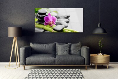 Glasbild aus Plexiglas® Bambusrohre Blume Steine Kunst