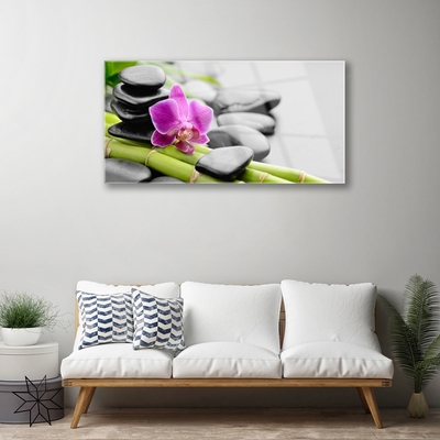 Glasbild aus Plexiglas® Bambusrohre Blume Steine Kunst