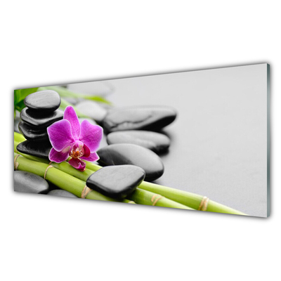 Glasbild aus Plexiglas® Bambusrohre Blume Steine Kunst