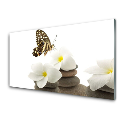 Glasbild aus Plexiglas® Schmetterling Blumen Steine Pflanzen