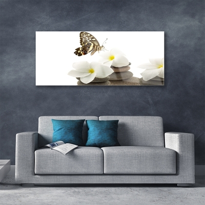 Glasbild aus Plexiglas® Schmetterling Blumen Steine Pflanzen