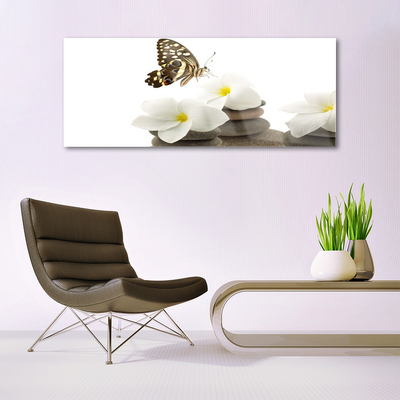 Glasbild aus Plexiglas® Schmetterling Blumen Steine Pflanzen