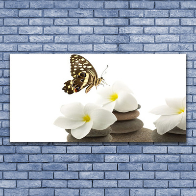 Glasbild aus Plexiglas® Schmetterling Blumen Steine Pflanzen