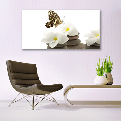 Glasbild aus Plexiglas® Schmetterling Blumen Steine Pflanzen