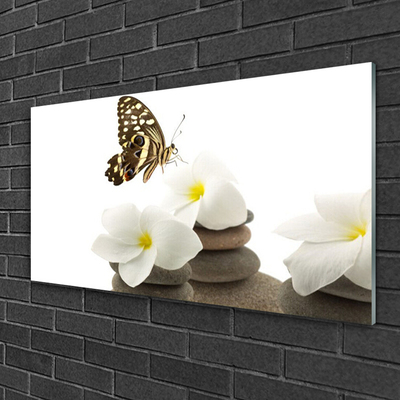 Glasbild aus Plexiglas® Schmetterling Blumen Steine Pflanzen