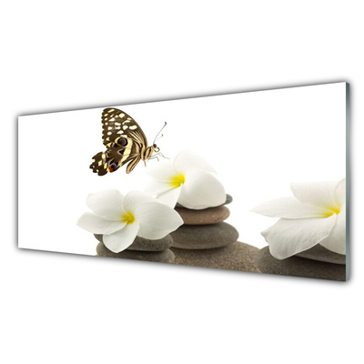 Glasbild aus Plexiglas® Schmetterling Blumen Steine Pflanzen