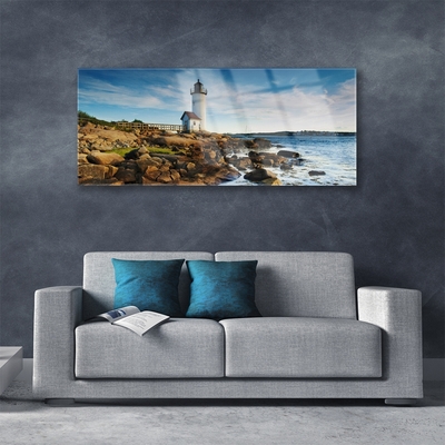 Glasbild aus Plexiglas® Leuchtturm Steine Meer Landschaft