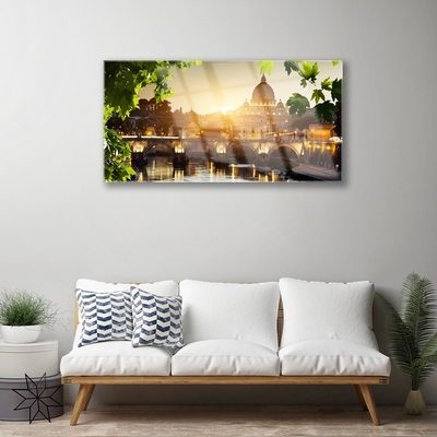 Glasbild aus Plexiglas® Brücke Stadt Blätter Architektur