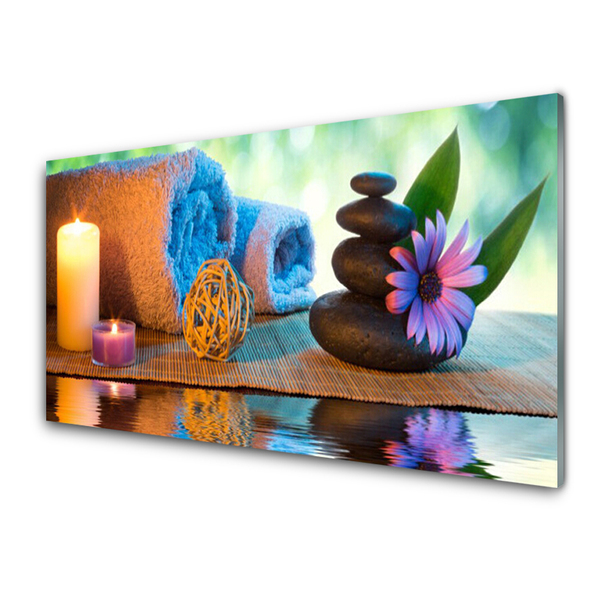 Glasbild aus Plexiglas® Kerzen Tücher Steine Blume Kunst