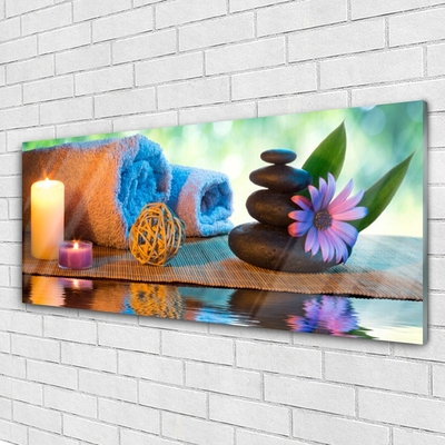 Glasbild aus Plexiglas® Kerzen Tücher Steine Blume Kunst