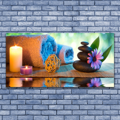 Glasbild aus Plexiglas® Kerzen Tücher Steine Blume Kunst