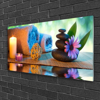 Glasbild aus Plexiglas® Kerzen Tücher Steine Blume Kunst