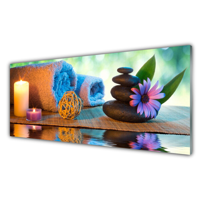Glasbild aus Plexiglas® Kerzen Tücher Steine Blume Kunst