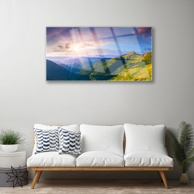 Glasbild aus Plexiglas® Gebirge Wiese Sonne Landschaft