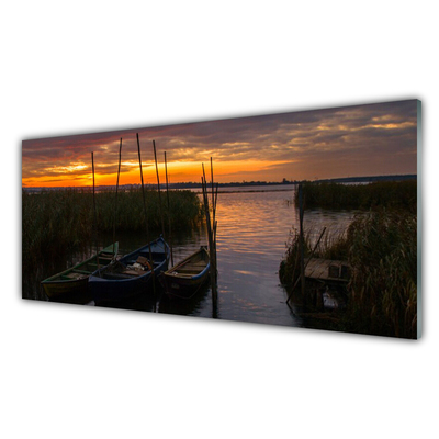 Glasbild aus Plexiglas® Boote Meer Gras Landschaft