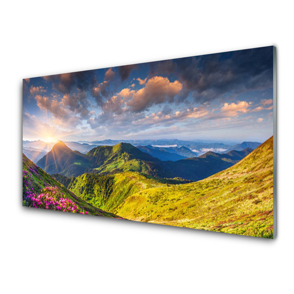 Glasbild aus Plexiglas® Gebirge Sonne Wiese Landschaft