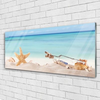 Glasbild aus Plexiglas® Sand Seestern Flaschebrife Kunst